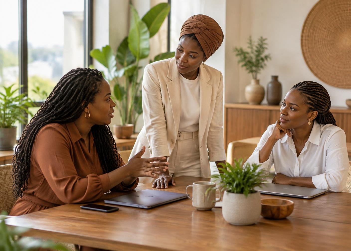 Three African women professionals in conversation around a table