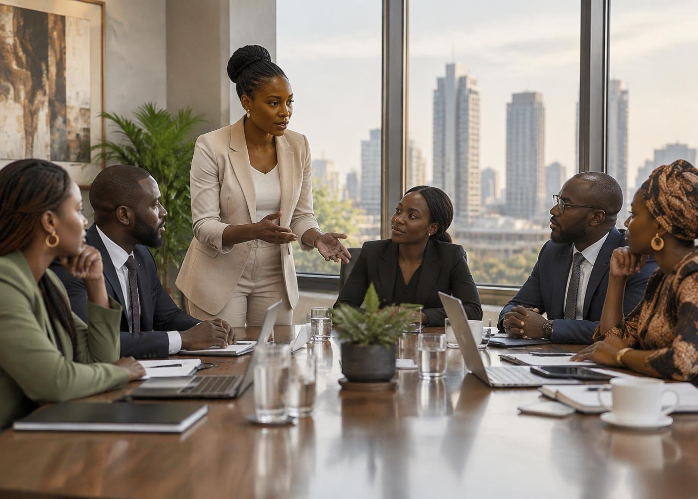 Professionals discussing a partnership in a modern boardroom